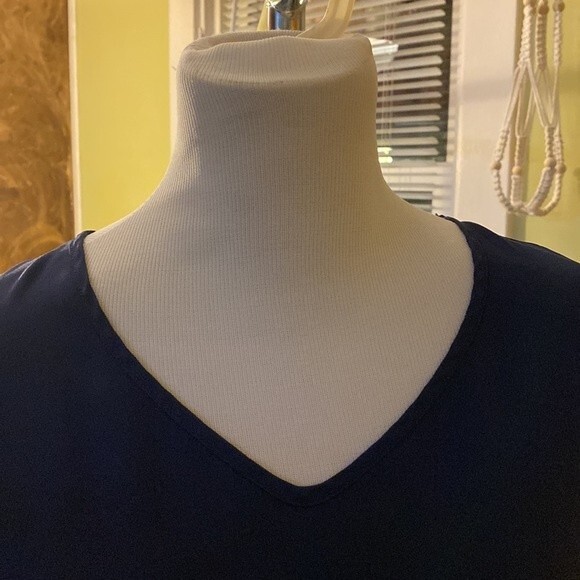 Navy Blue V Neck Flowy Shirt - Picture 3 of 7